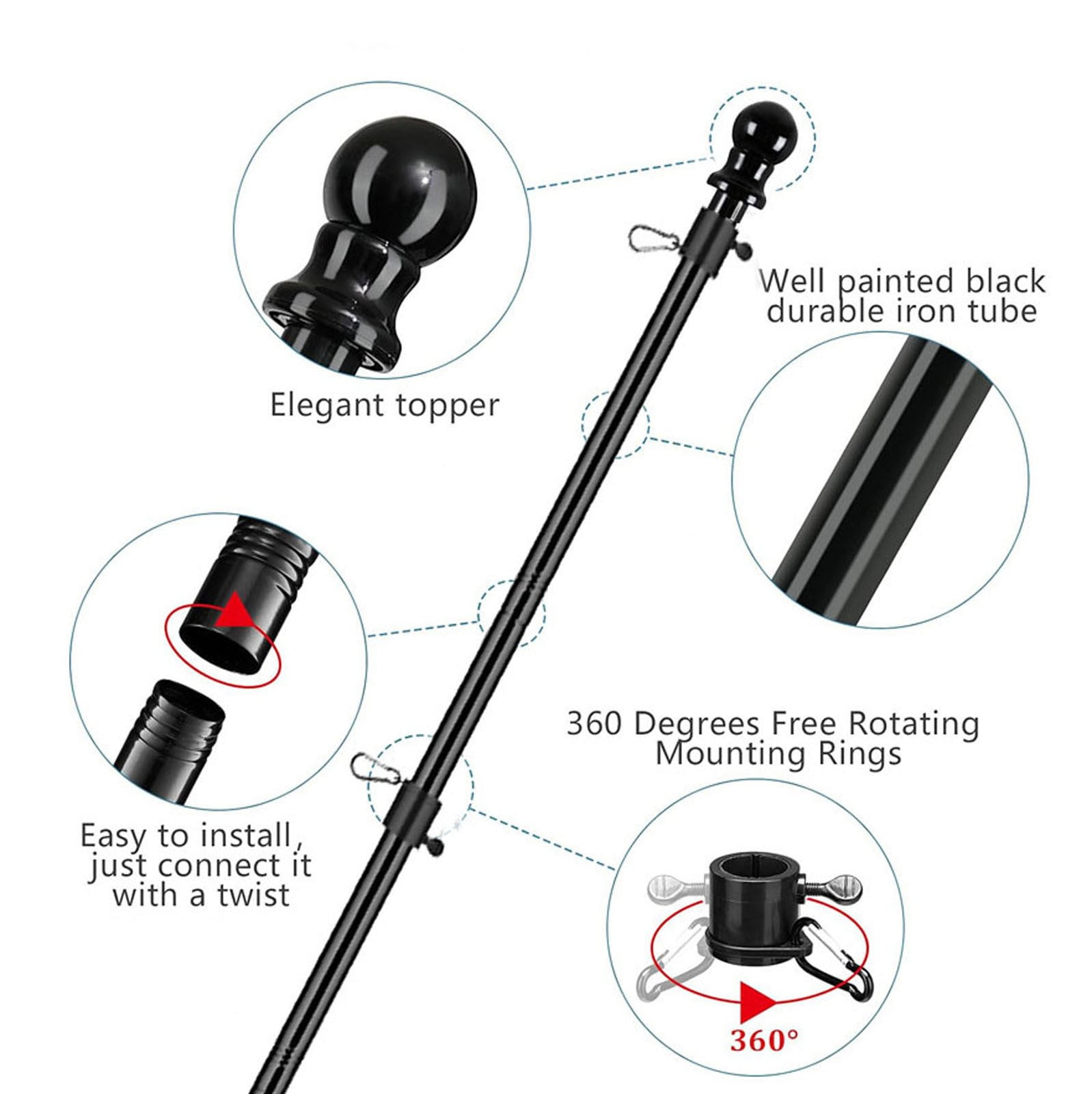 Flag Poles for Outside House 6FT Stainless Steel Metal Black Flag Pole kit Tangle Free Residential Heavy Duty for Truck,House,Porch,Yard,Boat Suitable for 3x5 Heavy Garden Flag