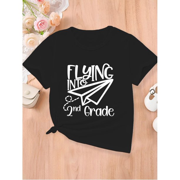"Flying Into 2nd Grade" Letter & Graphic Print Creative T-Shirts, Soft & Elastic Comfy Crew Neck Short Sleeve Tee, Girls' Summer Tops