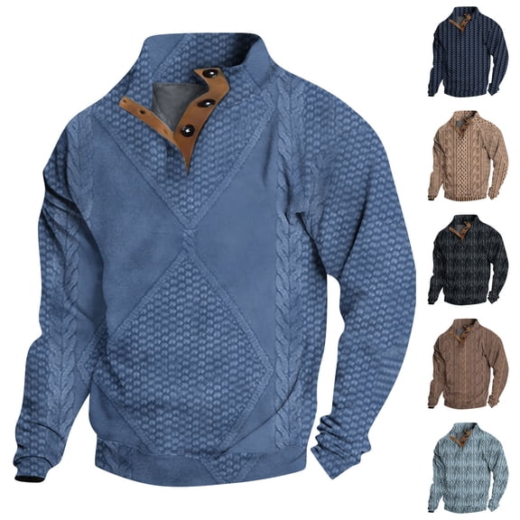 Men's Line Print 3-Button Stand Collar Quarter-Zip Sweatshirt, Casual Outdoor Pullover Top, Spring Fall Graphic Style,Blue,L