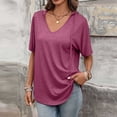 thumbnail image 5 of Kinrui Womens Short Sleeve Hooded T-Shirts Casual V Neck Loose Fit Lightweight Solid Color Pullover Top Wine L, 5 of 8