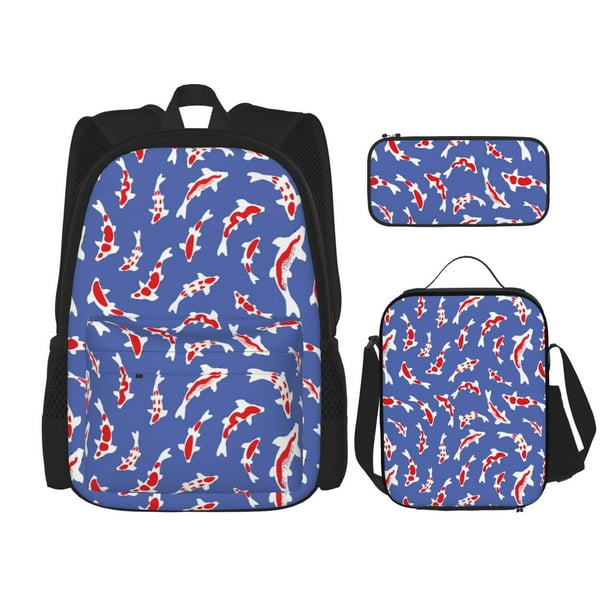 Easygdp Beautiful Koi Fish Mochila para Niños y Niñas con Set de Caja de Almuerzo y Estuche para Lápices 3 en 1, Mochila Escolar Estampada para Adolescentes