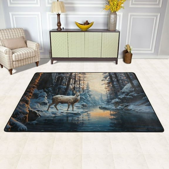 Deer in Winter Forest Area Floor Mats 36" x 24" Soft Non-Slip Large Rugs Nursery Memory Foam Carpets Living Room Doormat for Bedroom Dinning Decor