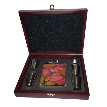

KuzmarK Pink Leather Flask Set in Rose Wood Gift Box - Tiny Tiger Kitty Fairies with Tulips Fantasy Fairy Cat Art by Denise Every