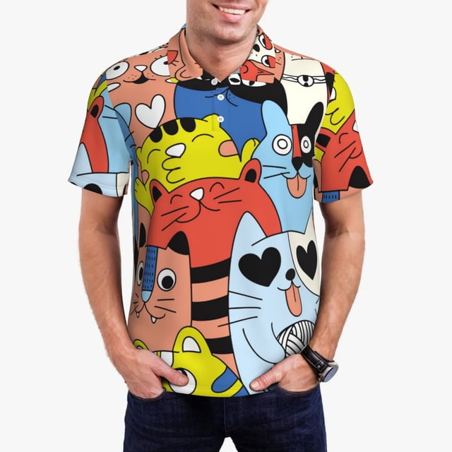 Balery Funny Cats Camisa Polo de Hombre con Estampado, de Manga Corta y Tejido Medio, Camisa Tipo Golf Polo-XX-Large