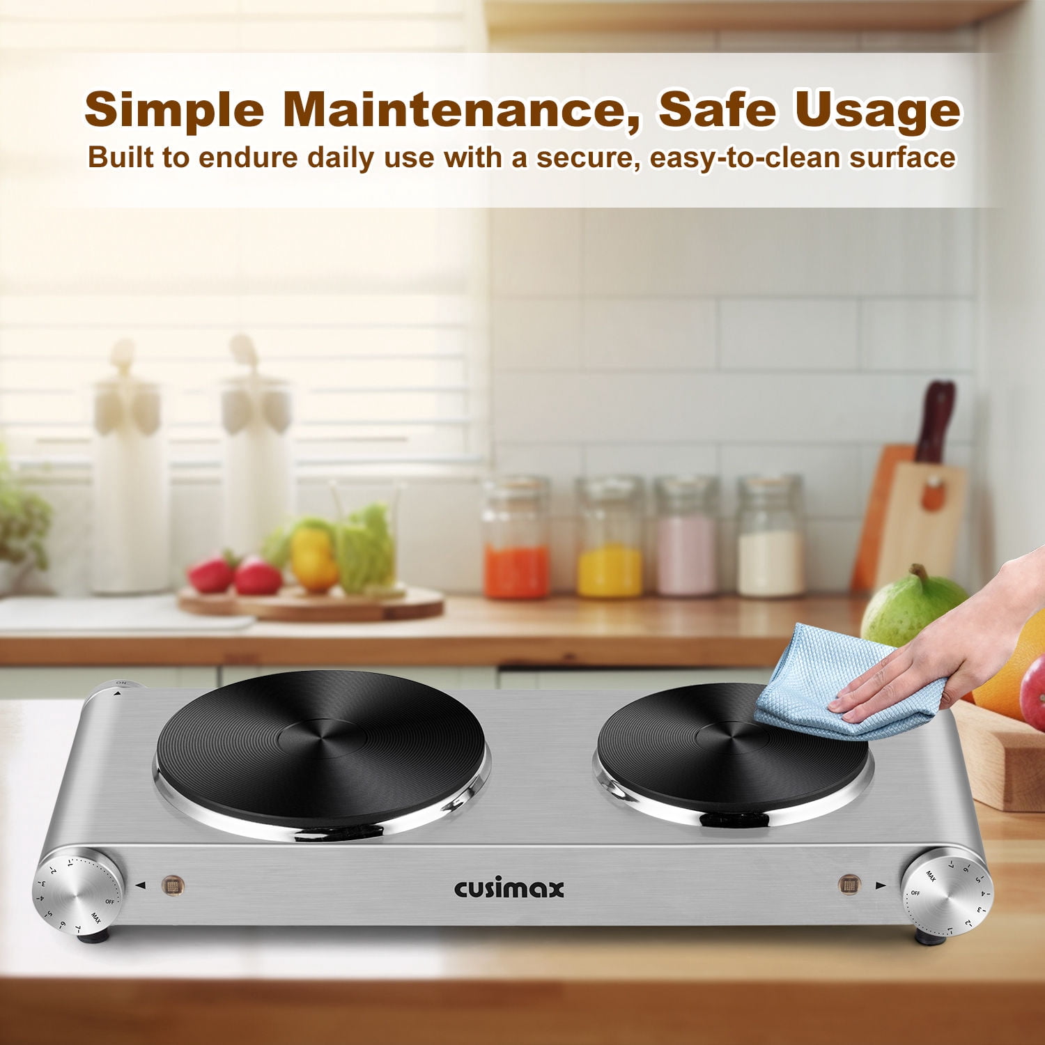 Cusimax 1800W Stainless Steel Electric Hot Plate Double Burner For Coking,Cast Iron Countertop Cooktop(Silver)