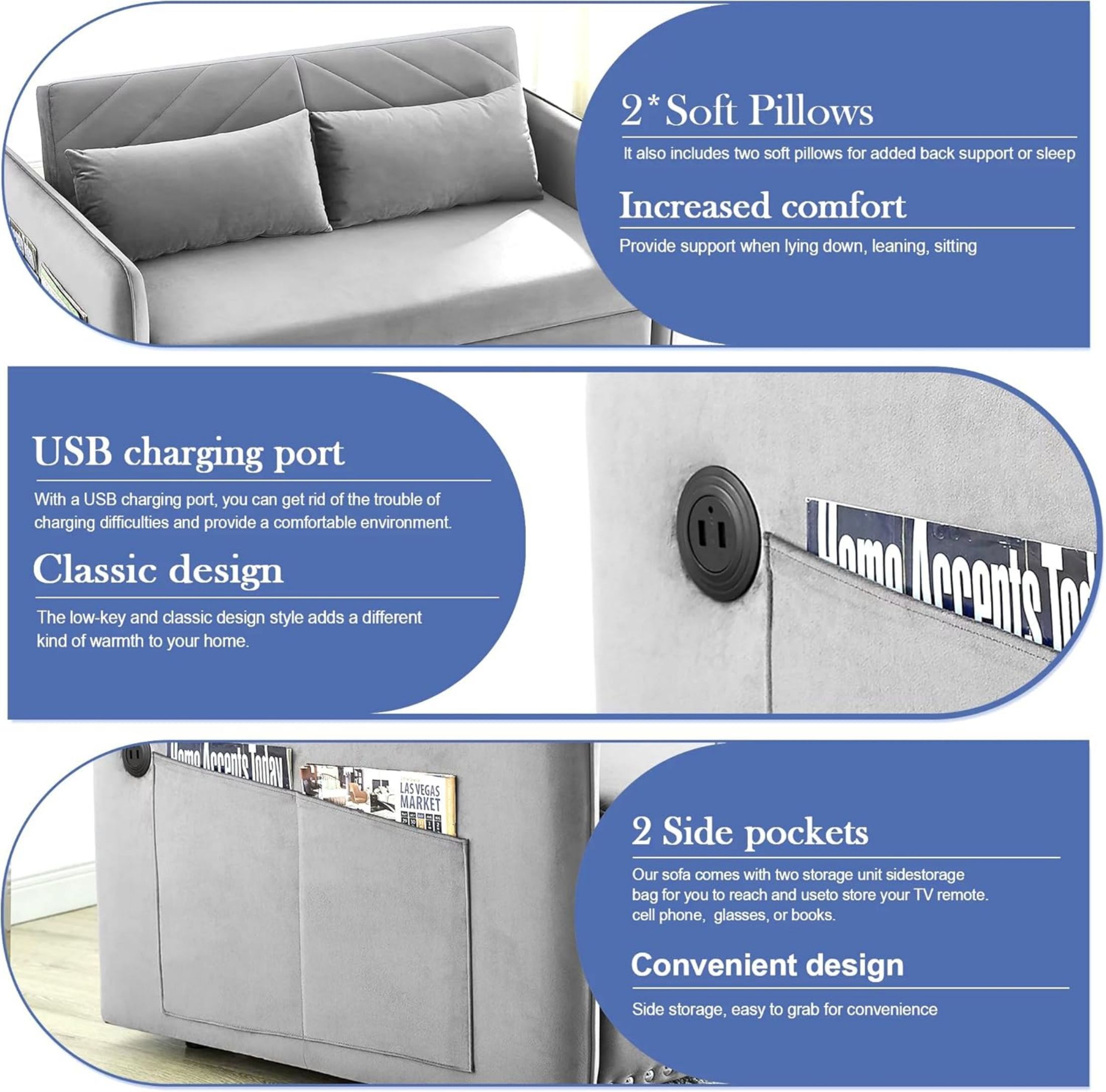 DEALTOPS Pull Out Sofa Bed, Convertible Loveseat Sleeper Sofa with USB Ports and Side Pockets, Gray