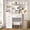 Style2: Silver, variant on Pmxloes White Makeup Vanity Desk Set with 3-Color LED Lights Mirror and Stool Modern Vanity Table with 4 Drawers and 5 Storage Shelves for Bedroom and Dressing Room