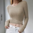 thumbnail image 3 of Scyoekwg Long Sleeve Crop Tops for Women Solid Color Round Neck Basic Short Tops Casual Comfy Slim Tops Pullover (Khaki,XXL), 3 of 6