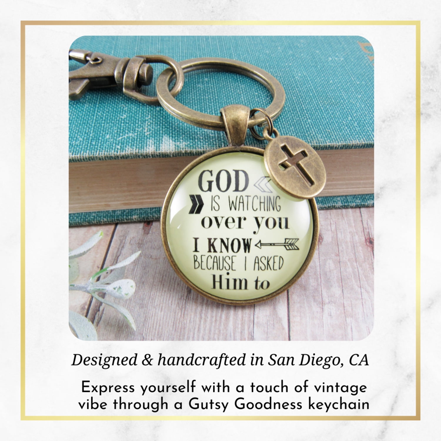 Faith Gutsy Goodness Bronze Keychain He Is Watching Over You Men Women Vintage Bronze Key Ring