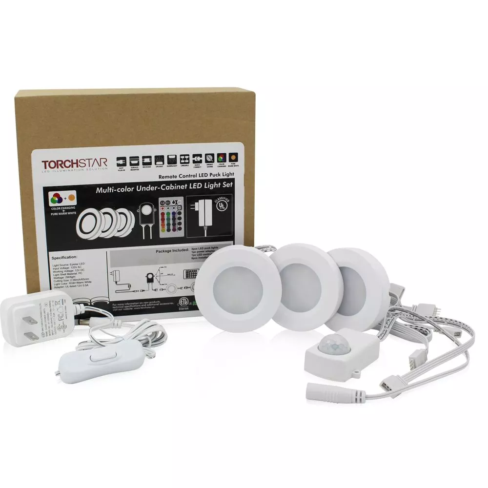 3 Pack Multi-color LED Under Cabinet Lighting Kit, LED Puck Lights, 24-key IR Remote Controller