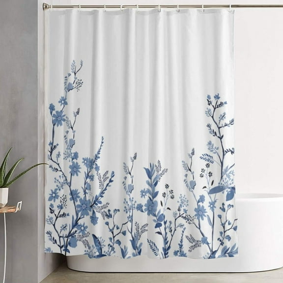 Extra Long Shower Curtains 84 Inch Length, Blue Fabric Shower Curtains for Bathroom, Floral Leaves Textured Waterproof Bathroom Decor with 12 Hooks - 72 x 84 Inch