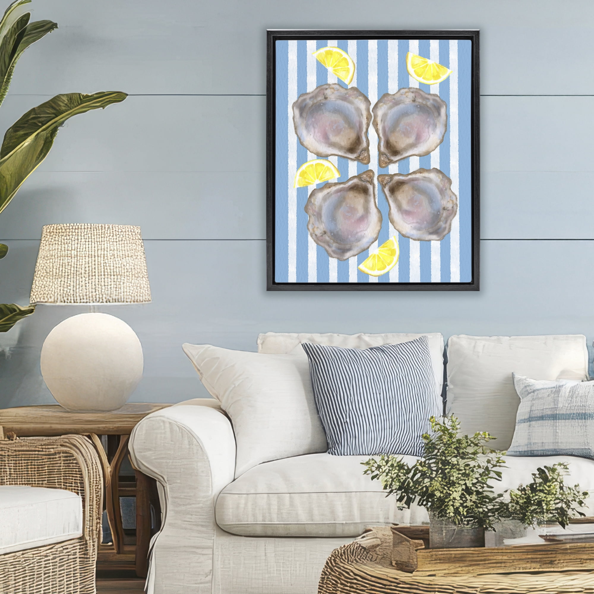 Stupell Industries Blue Stripe Oysters Black Framed Floater Canvas Wall Art, design by Matthew Piotrowicz