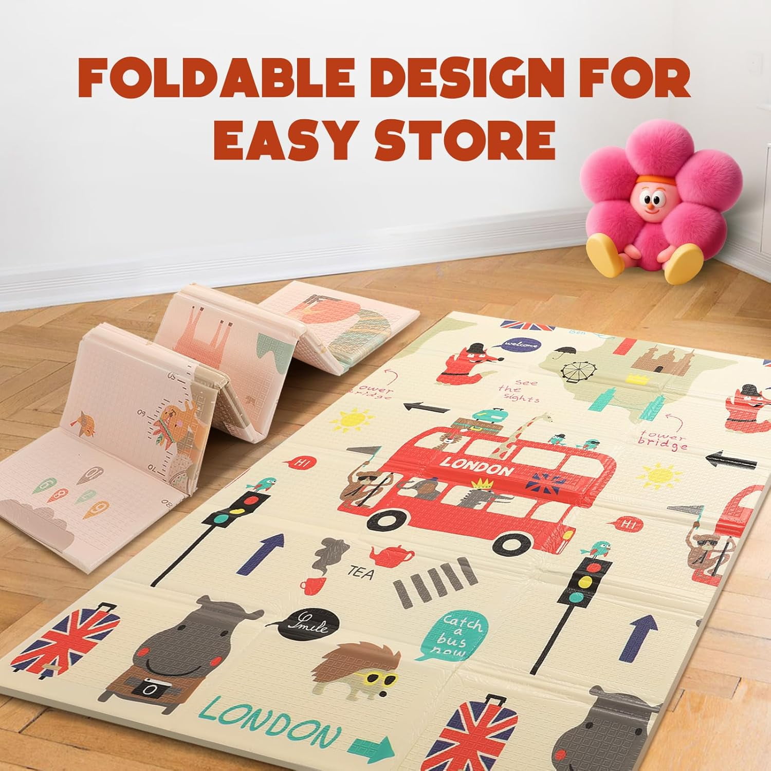 Mergren   Mat, Large(71"×47") XPE Waterproof Foam Foldable  Crawling Mat with Reversible Animal Friends Double-Sided Patterns, Anti-Slip Floor Playing Mats
