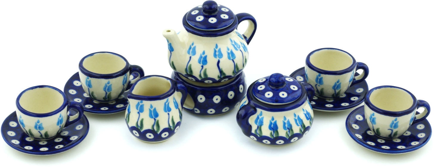 Polish Pottery 3¼inch Miniature Tea Set (Floral Peacock Theme) Hand Painted in Boleslawiec