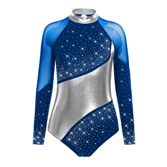 Nyeemya Women's Rhinestone Ballet Dance Leotard Long Sleeve Gymnastics Bodysuit Figure Skating Top Blue&Silver L