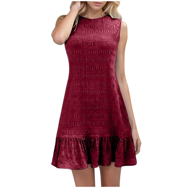 hotojiny Robes Boho pour Femmes 2025 Col Rond Uni Ourlet à Volants Robes Débardeurs Décontractées Texturées Sans Manches Robes d'Été