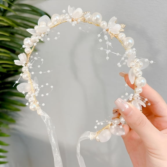 VANIDO Flower Girl Hair Accessory Princess Headpiece White Wedding Hair Accessories for Kids Flower Headband Pearl for Girl and Flower Girls Bridal Wedding Hair Bands