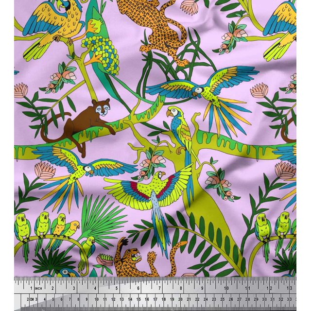Soimoi Rayon Crepe Fabric Branches,Parrot & Leopard Jungle Fabric Prints by Yard 46 Inch Wide