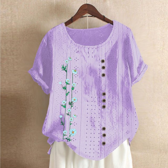 Blouses pour Femmes, Mode Féminine Imprimée Confortable Ample Manches Courtes Blouse Boutonnée Col Rond Décontracté