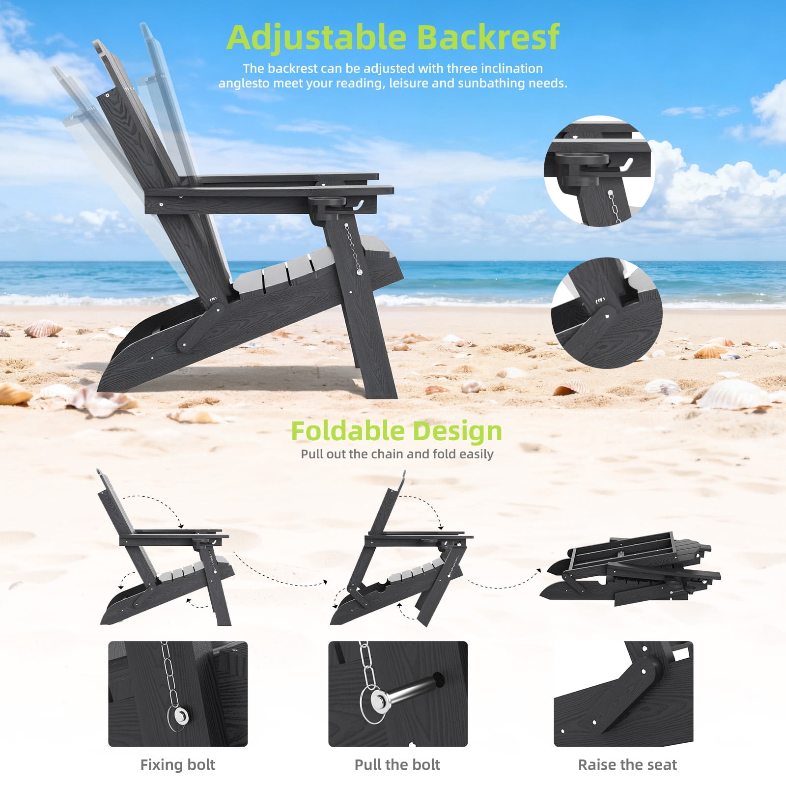 Vebreda Folding Adjustable Adirondack Chair with Retractable Footrest, 3-Position Backrest, Cup Holders, Black