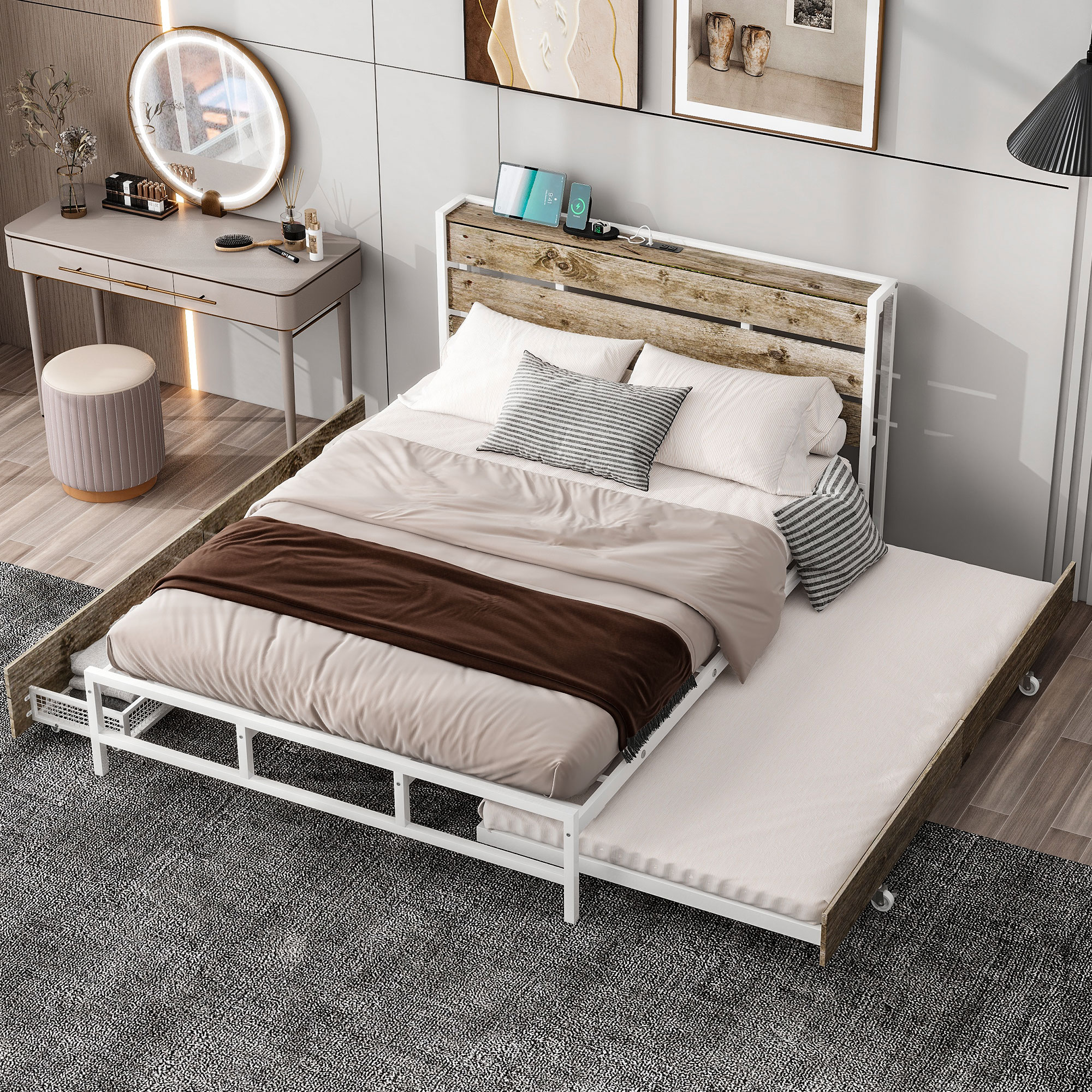 Euroco Wood Metal Queen Size Platform Bed with Functional Headboard, 4 Storage Drawers, Charging Station and USB Ports, White