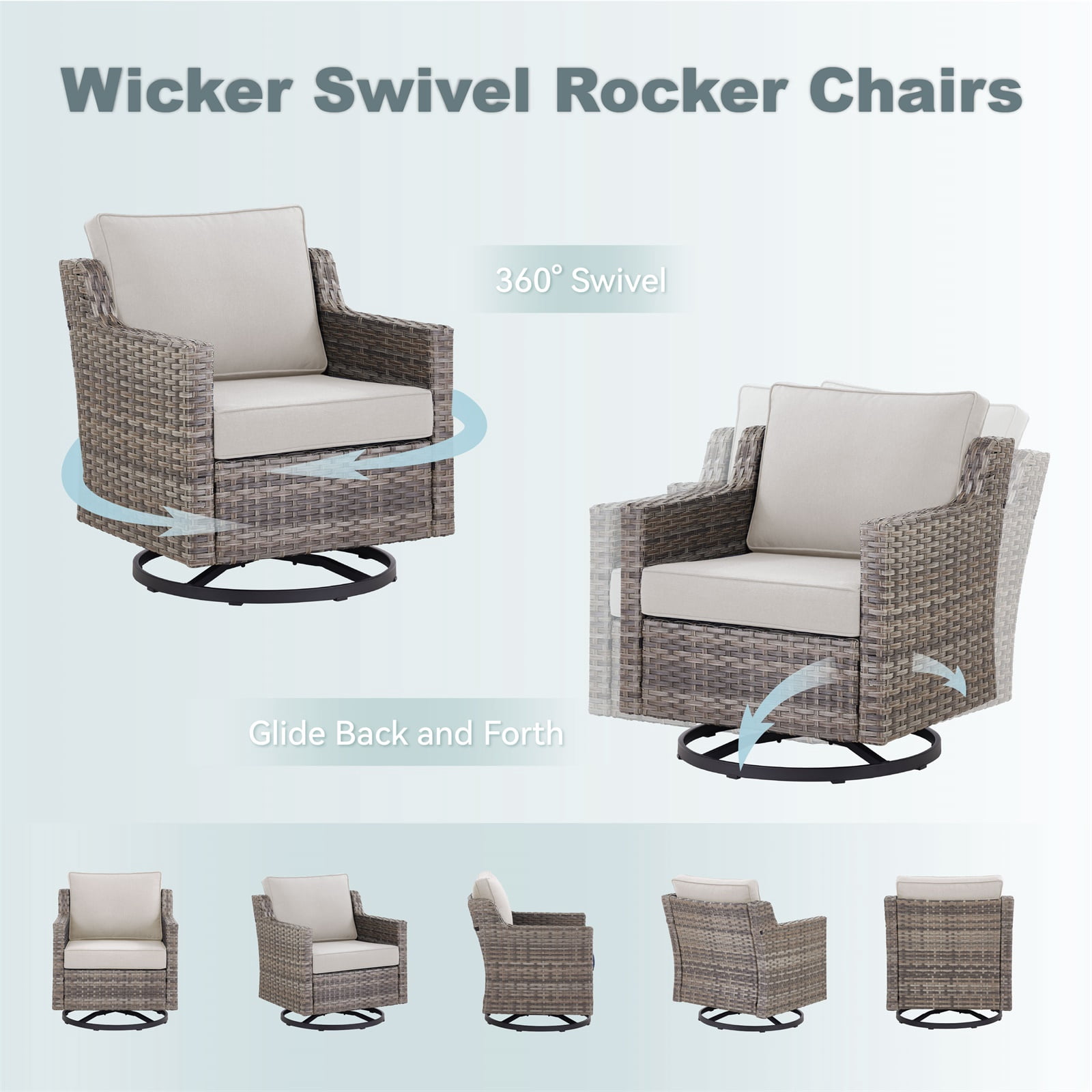 Hommoo 2-Piece Outdoor Patio Swivel Rocker Chairs, Patio Gray Wicker Furniture Swivel Chairs Set with Cushion, for Porch, Poolside, Deck, and Yard, Beige