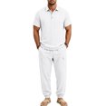 thumbnail image 2 of hotojiny Mens Summer 2 Piece Set Button Collared Short Sleeve Golf Shirt Cinch Bottoms Cargo Pants Walking Casual Outfits(White,X-Large), 2 of 7