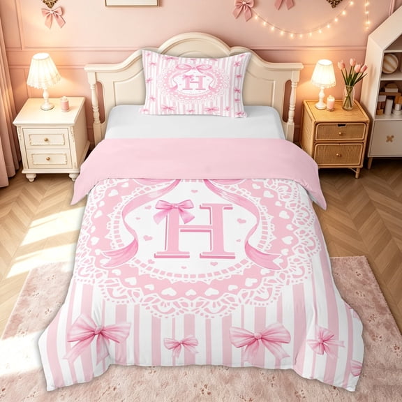 meiyoeat Pink H Monogram Twin Duvet Cover for Kids Girls, Princess Bow Lace Twin Bedding for Bedroom, Pink Reversible, 2 Pieces