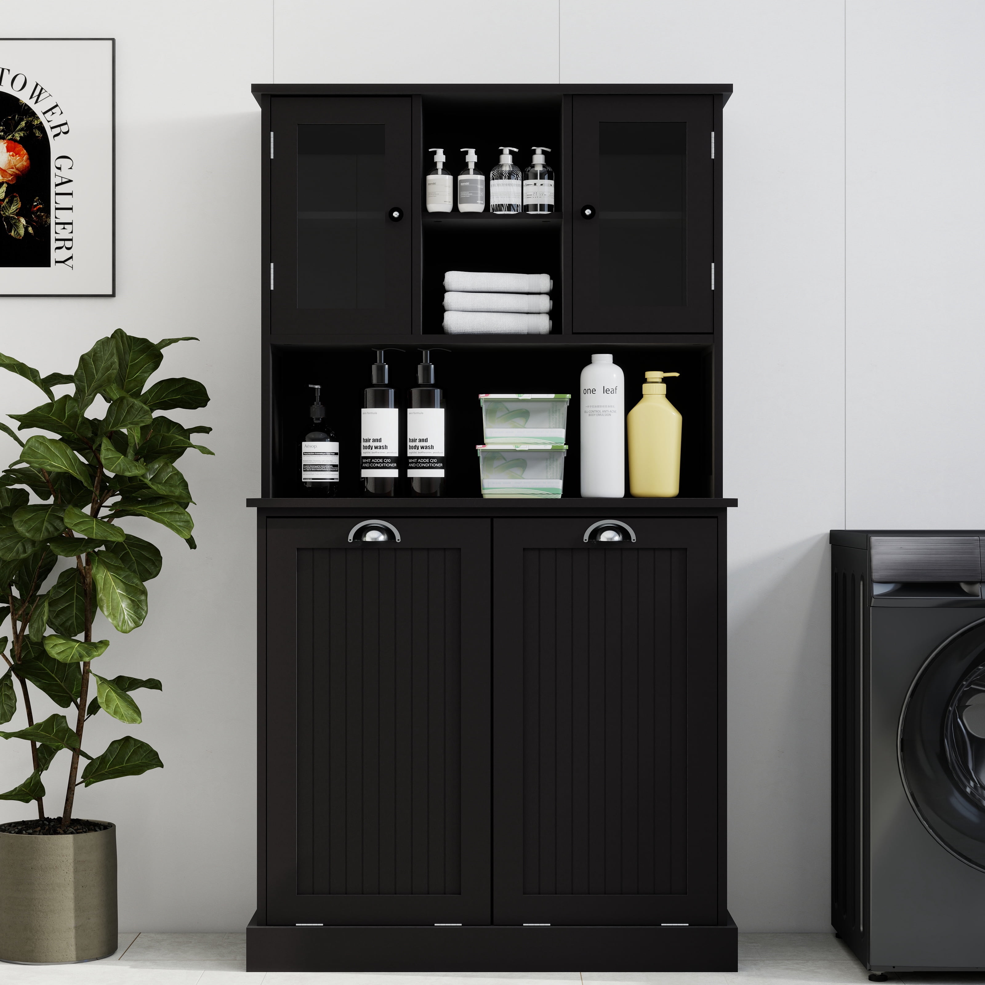 Mintazer Laundry Hamper Cabinet with 2 Compartment Tilt-Out Removable Laundry Baskets and Adjustable Shelves for Bathroom Laundry Room,Black