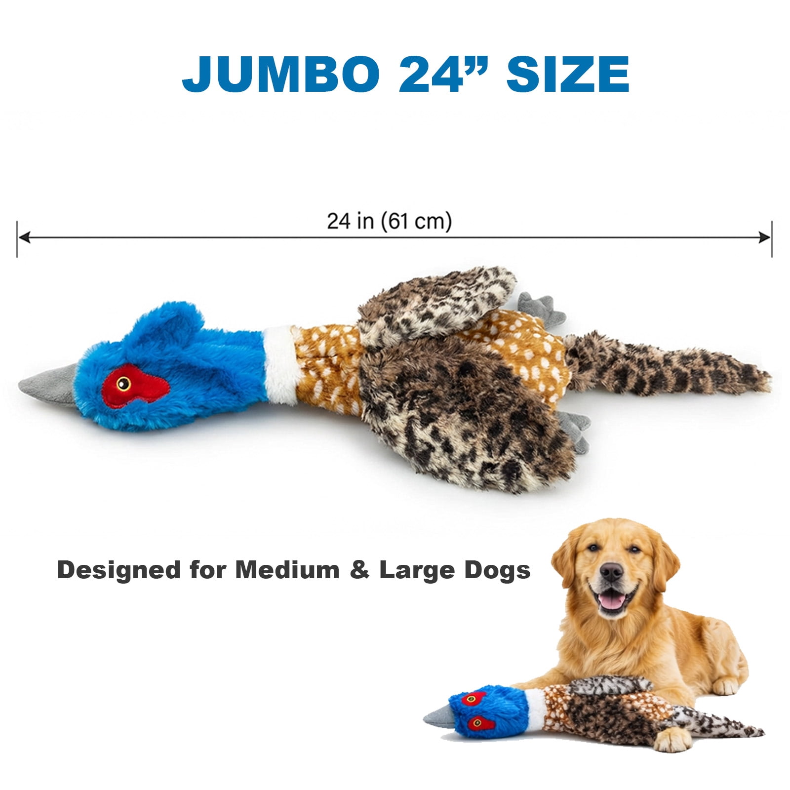 Calibonbon 24” Jumbo Quilted Duck Dog Toy – Durable Tie-Dye Plush Bird with Double Squeakers & Crinkle Sound, No Stuffing Interactive Toy for Medium & Large Dogs