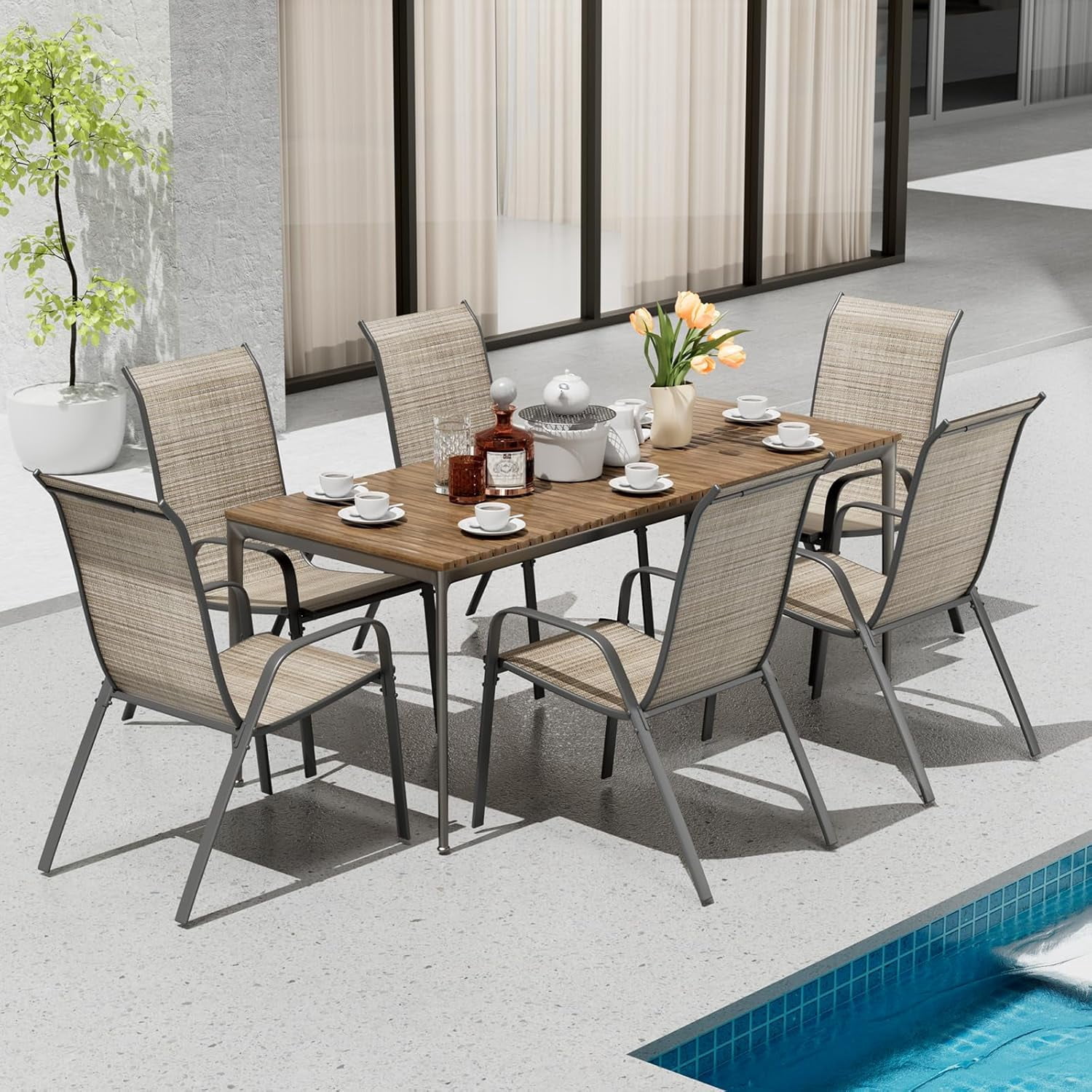 LAZY BUDDY Patio Chairs Set of 6, Stackable Outdoor Dining Chairs with Armrests, for Garden/Backyard/Deck, 330 lbs