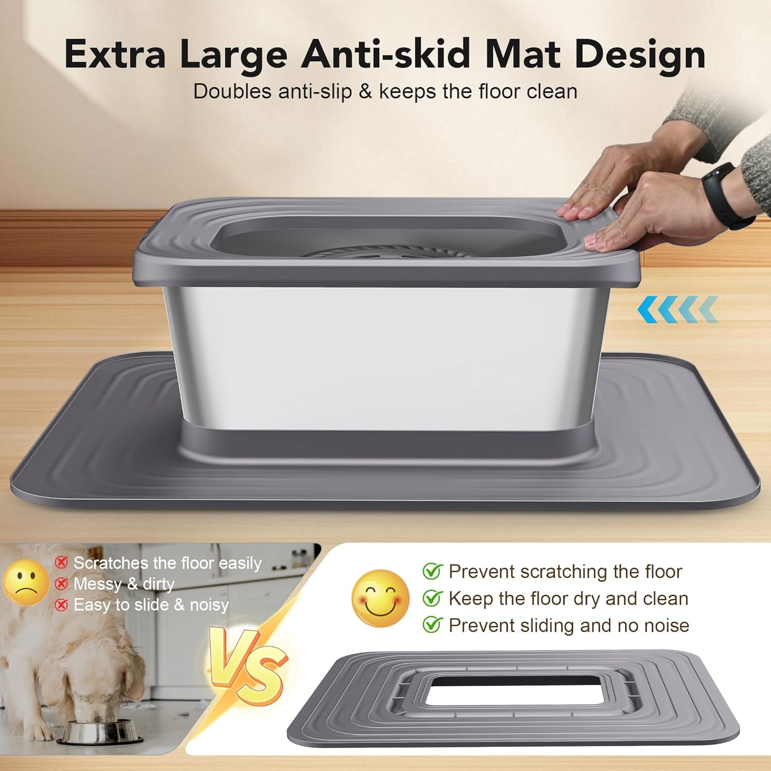 10L Stainless Steel Dog Water Bowl, No Spill Anti-Splash Dog Bowls with XXL Silicone Mat, Spill-Proof Slow Feeder for Messy Drinkers, Heavy Duty Pet Bowls for Indoor/Outdoor Use Black