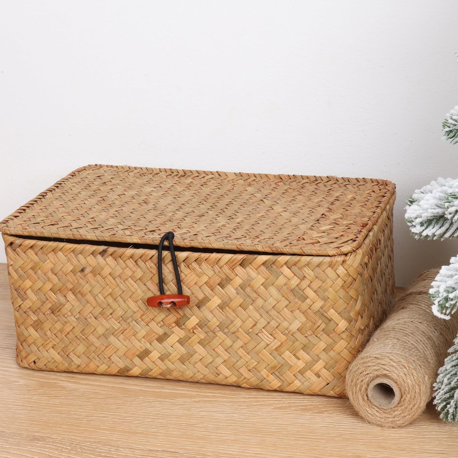 Wicker Storage Basket Natural Rattan Storage Box With Lids Hand Woven Wicker Shelf Baskets Makeup Organizer For Bathroom, Living Room, Kitchen,Small