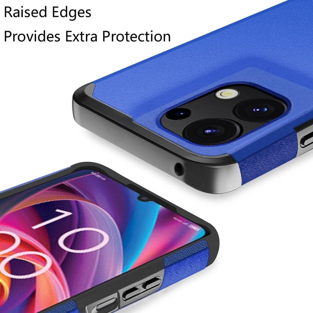 TJS for TCL K32 5G / K33 5G Phone Case, with Tempered Glass Screen Protector, Dual Layer Hybrid Magnetic Support Shockproof Heavy Duty Cover (Blue)