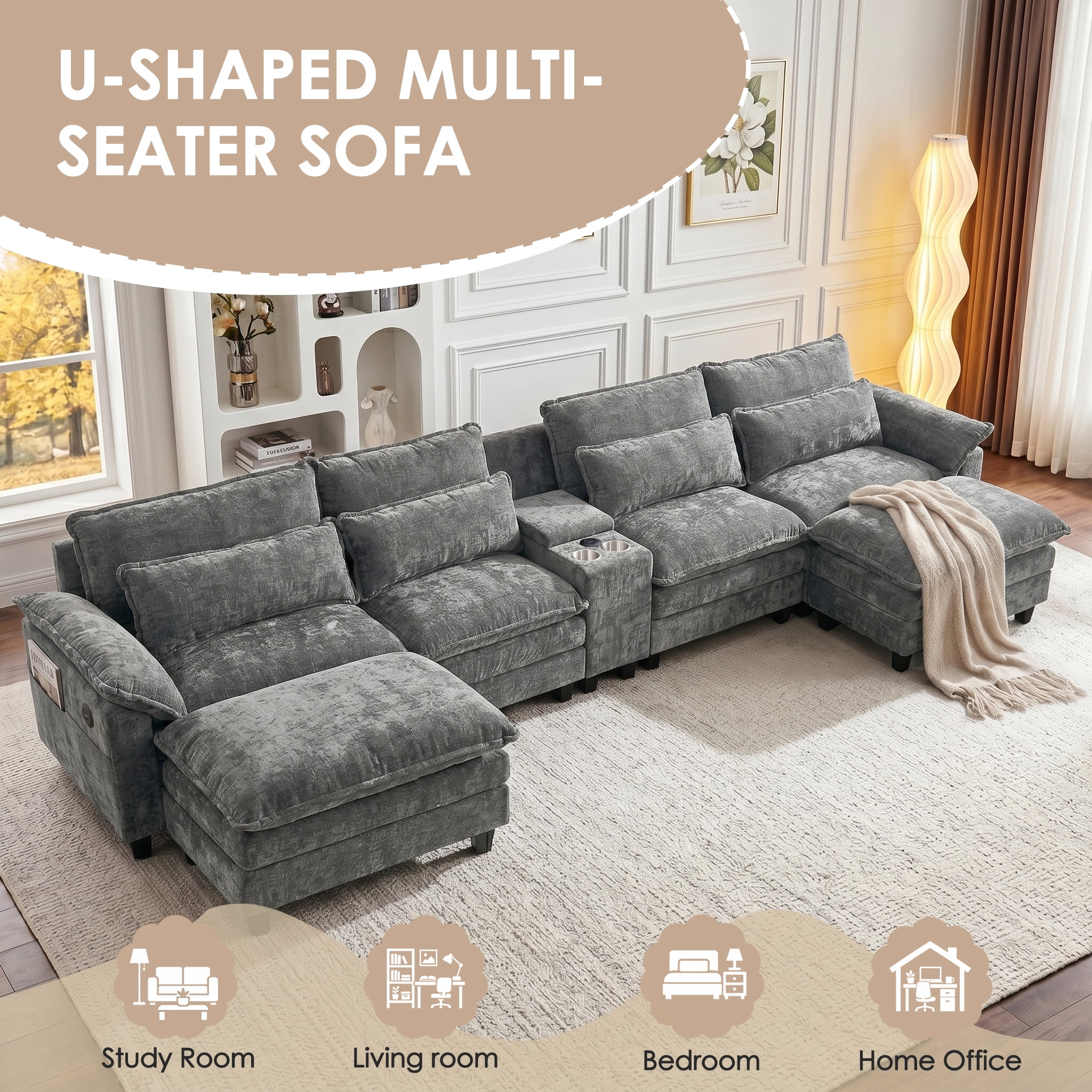 AISWORD 157" U Shaped Cloud Couch Sectional, Oversized Modular Sofa with USB Charging, Hidden Storage, Cup Holders & Double Chaise for Living Room, Gray