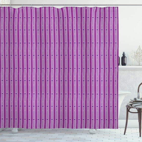 Abstract Shower Curtain, Purple Shades Doodle Pattern with Vertical Dashed Lines Stripes and Dots, Fabric Bathroom Set with Hooks, 69W X 75L Inches Long, Magenta and Purple, by Ambesonne