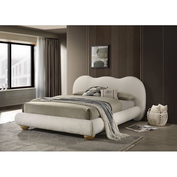 Est King Size 1pc Bed Fully Upholstered Velvet Fabric Bun Feet Low Profile Bed White Bedroom Furniture