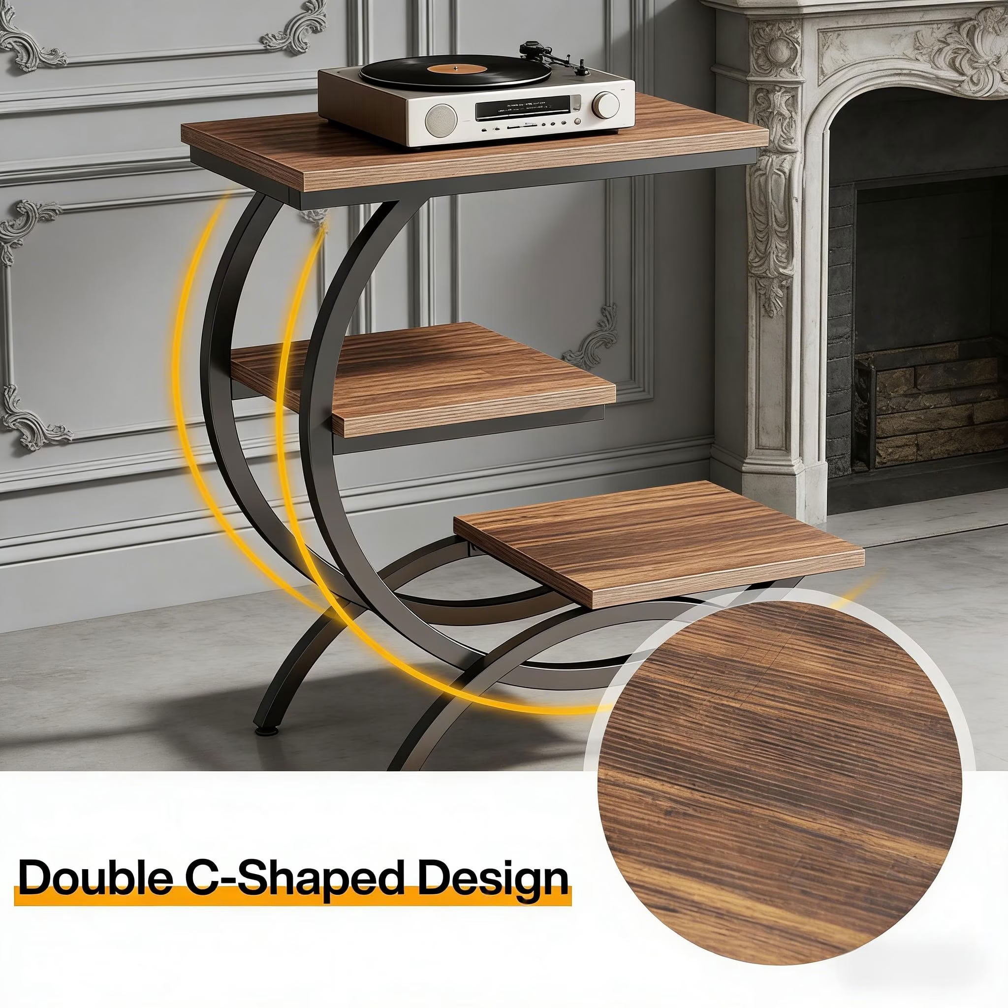 MAYEERTY 3-Tier C-Shaped End Table, Industrial Side Table with Wood Top and Metal Frame, Space-Saving Sofa for Living Room, Bedroom