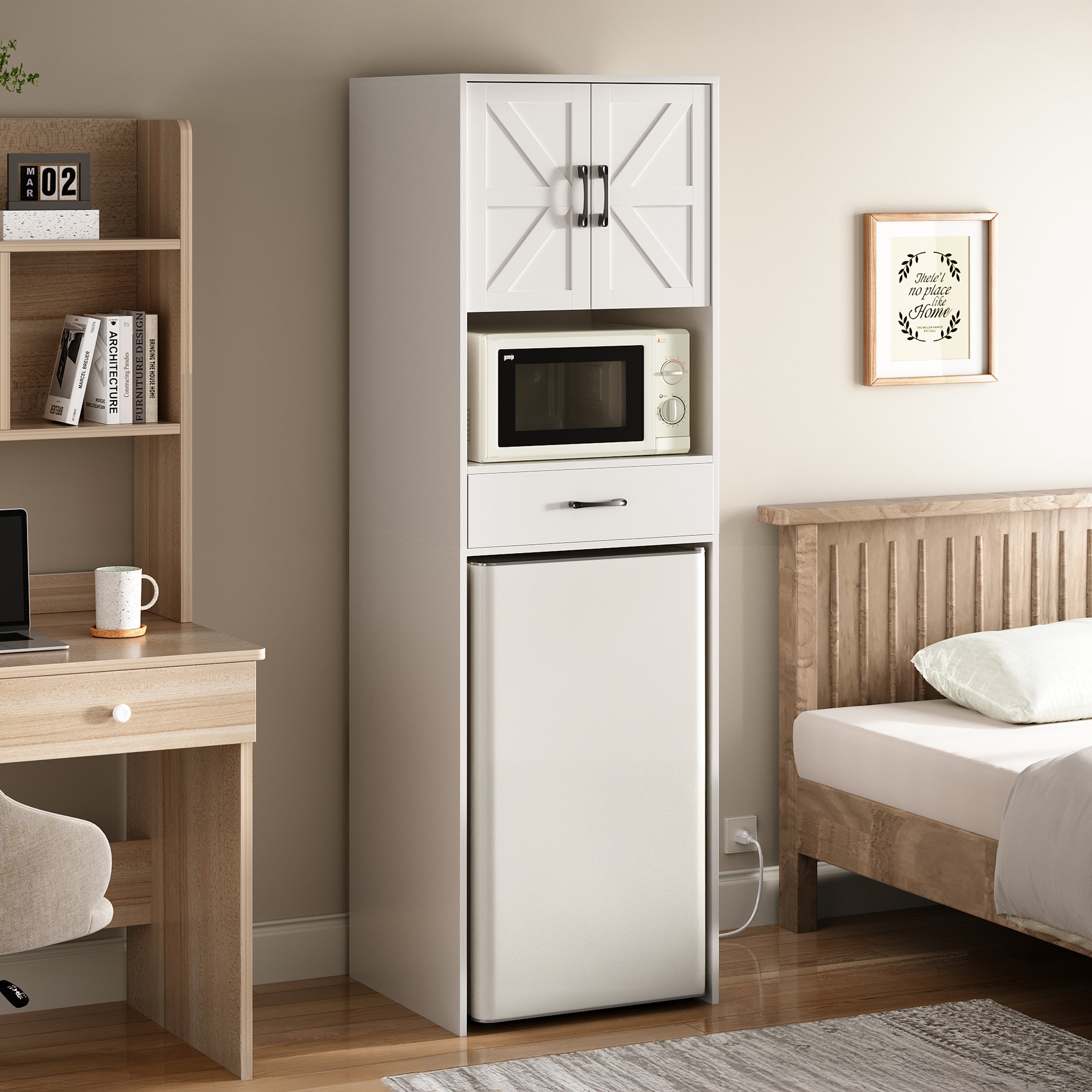Herture Mini Fridge Stand with Storage and Power Outlet, Coffee Bar Cabinet with Microwave Shelf, – Fits Most Mini Fridges and Wine Coolers, for Dorm, Kitchen, or Office White KH03MRW