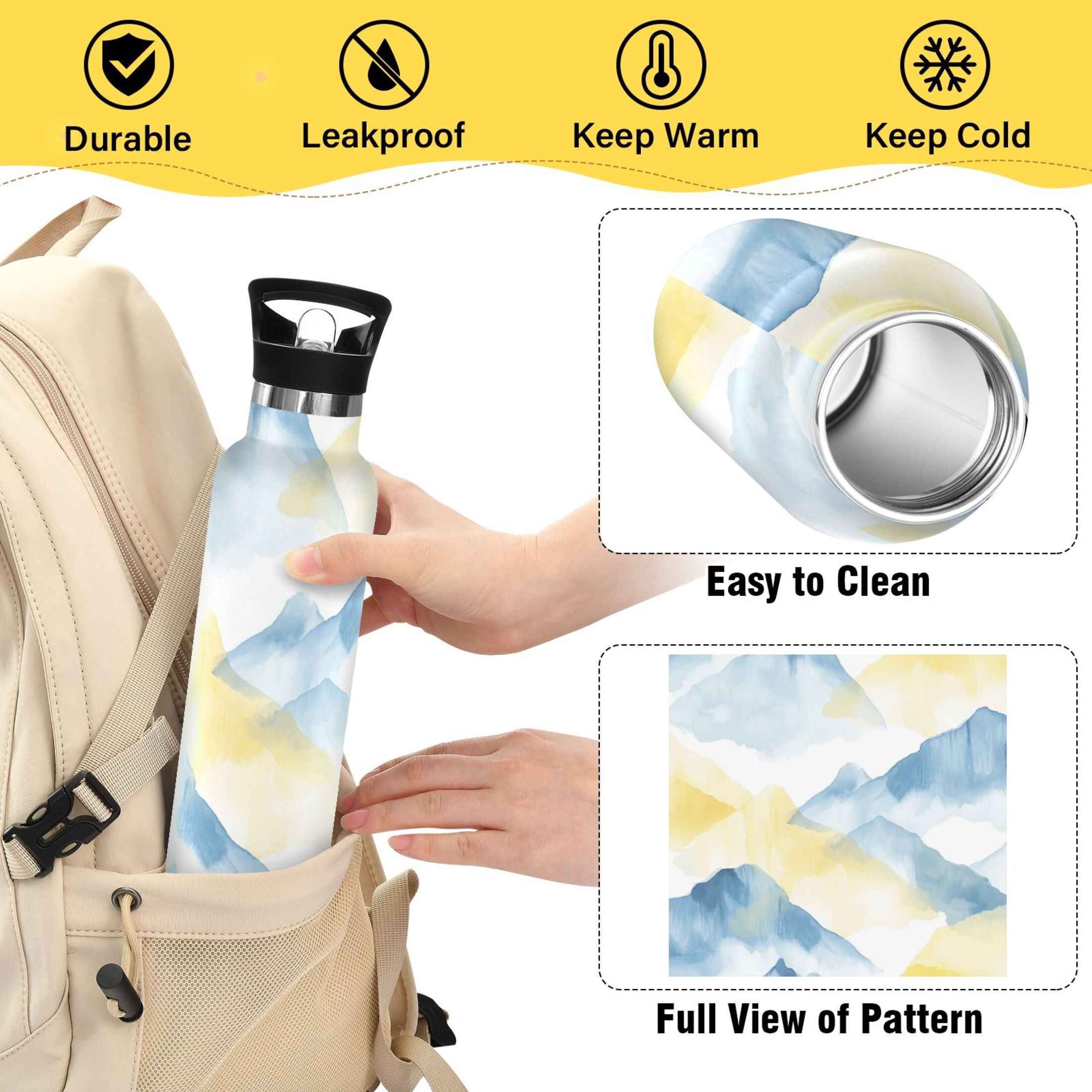 Kids Insulated Stainless Steel Sports Water Bottle 600ml (20oz) Light Blue and Yellow Mountain