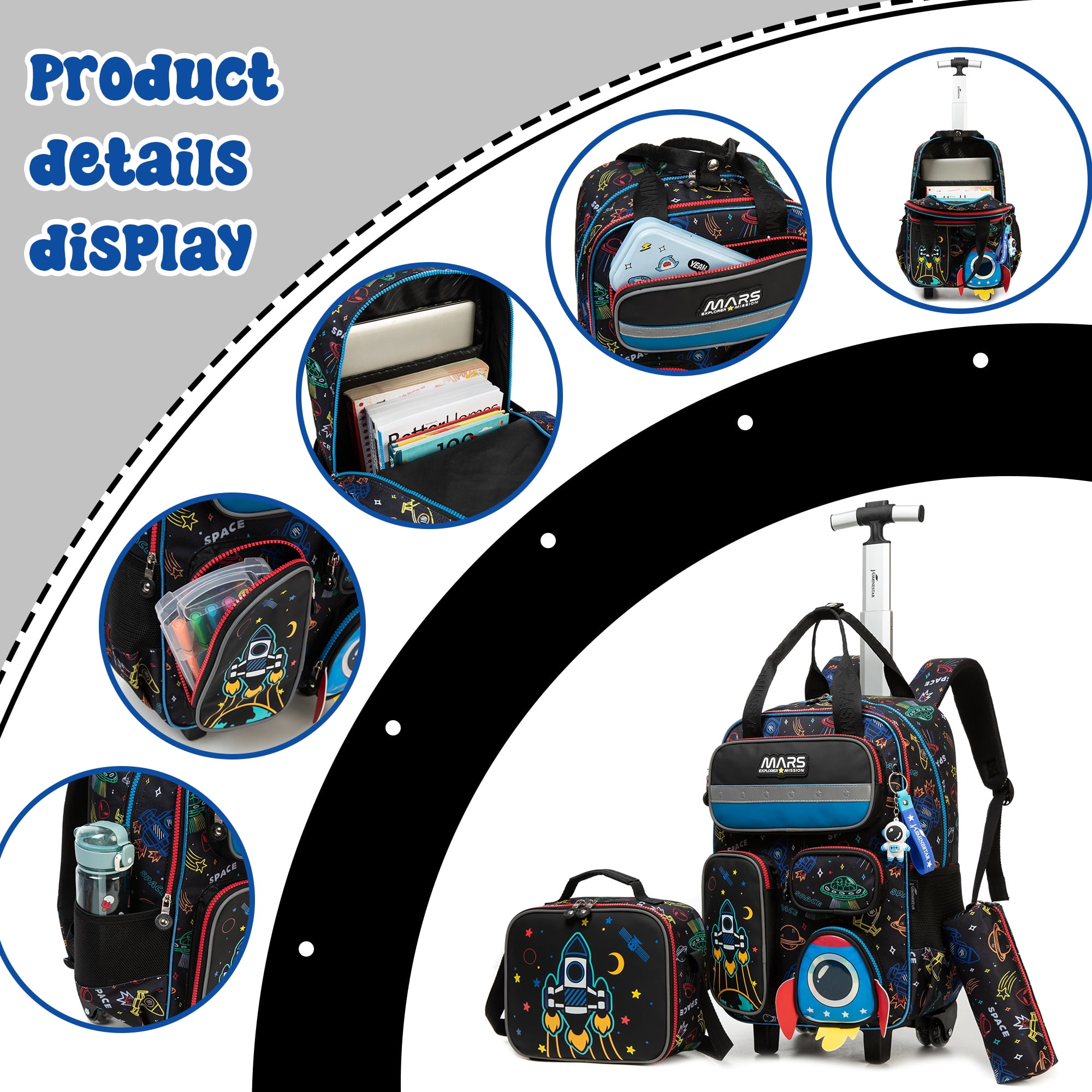 Kid Rolling Backpack for School Boys with Wheels Roller Bookbag with Lunch Box Pencil Case Carry-on Kids' Luggage for Ages 8-10
