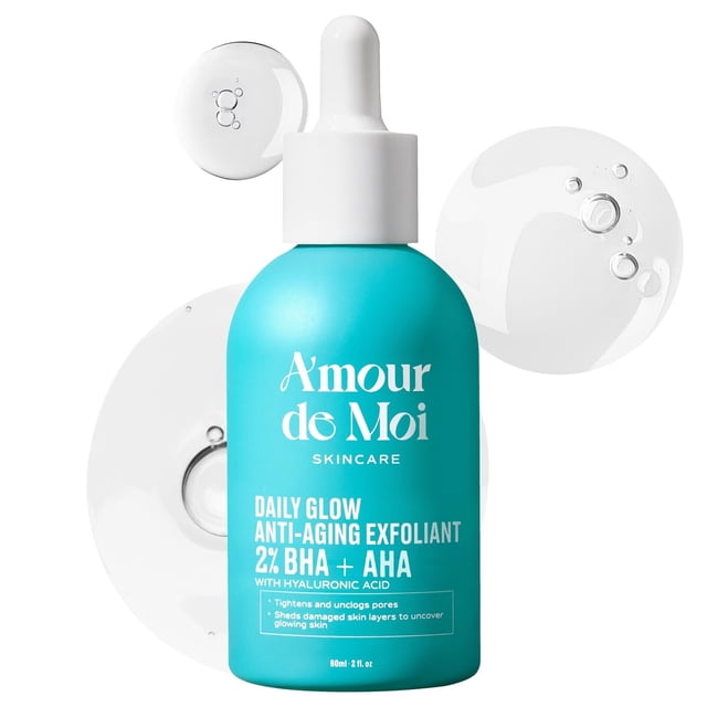 Amour de Moi 2% BHA AHA Exfoliante líquido de ácido salicílico - Exfoliante facial minimizador de poros suave para puntos negros arrugas con ácido hialurónico - Hidratante sin fragancia para todo tipo