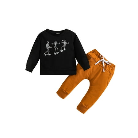 

Meihuida Baby Boys Halloween Pants Set Long Sleeve Crew Neck Letters/Skeleton Print T-shirt with Pants