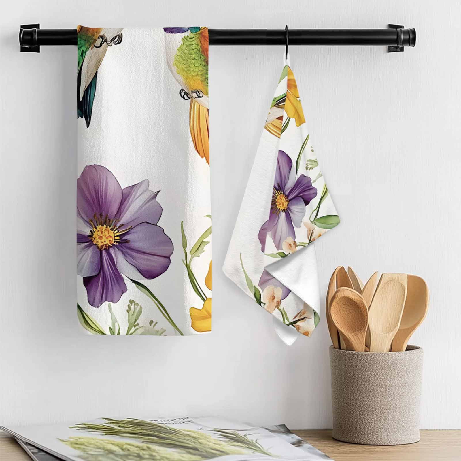 Spring Floral Kitchen Towel Dish Cloths Set of 2, Microfiber Soft Kitchen Hand Towels, Summer Botanical Birds Colorful Absorbent Quick Drying Dishcloths 18 x 28 Inches