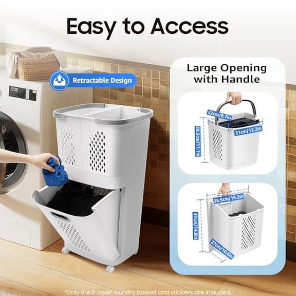 2 Tier Plastic Laundry Hamper, Removable Household Bathroom Clothes Storage Basket Cart Floor Standing Large Carrying Laundry Hamper with Handle and 4 Wheels for Bedroom, Bathroom