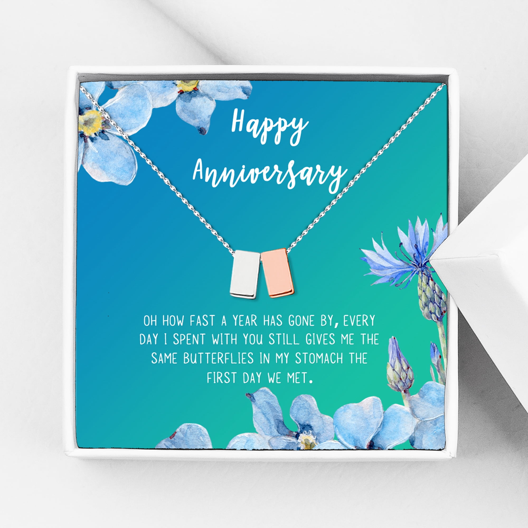 Anavia Happy Anniversary Gift Necklace,Wedding Anniversary Gift for Wife,Express Love Card Jewelry Gift-[Silver and Rose Gold Double Cube, Bright Blue Gift Card]