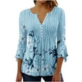 thumbnail image 3 of DDAPJ pyju Tops to Hide Belly for Women 3/4 Ruffled Sleeve Tunic Blouse Loose Casual Floral Printed Henley Shirts 2025 Light Blue S, 3 of 5