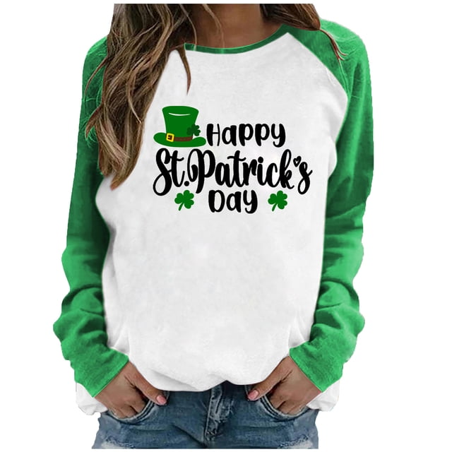 QIPOPIQ T-Shirts à Manches Longues à Col Rond pour Femmes T-Shirts de la Saint-Patrick T-Shirt Imprimé Trèfle de Printemps T-Shirt Vert Porte-Bonheur T-Shirts de la Saint-Patrick Tuniques Patchwork Hauts Chemises de Fête Aubaines