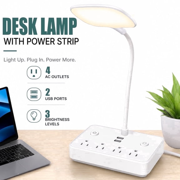 BOHASHIN LED Desk Lamp with 2 USB Charging Ports and 4 AC Outlets, 2 Color Temperatures and 4ft Extension Cord for reading, Working, Studying