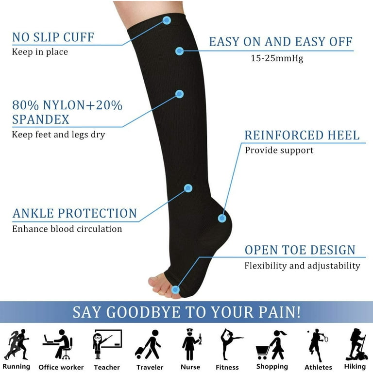 Open Toe Compression Socks Women Knee High Toeless 15-25 mmHg 